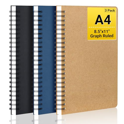 EUSOAR Graphing Notebook, A4 3Packs 8.5"x11" 120 Pages Graph Notebook Spiral, Hardcover Spiral Grid Paper Notebook Composition for Math Science Engineering Artist Drawing-Black/Royal Blue/Kraft - color: Black/Royal Blue/Kraft, size: A4