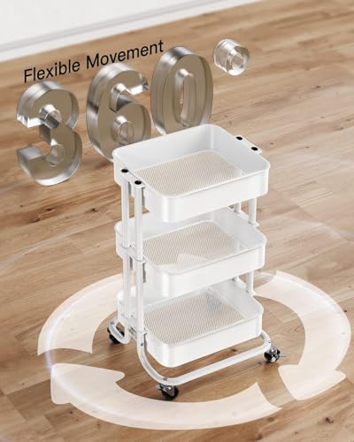 Pipishell 3 Tier Metal Rolling Utility Cart with 2 Lockable Wheels, White | 360° Rotating Wheel, Heavy-Duty Steel, Sturdy Dual Columns, Ventilated Mesh, Hold 22 lbs per Shelf, for Kitchen & Living Room - color: White, size: 3 Tier