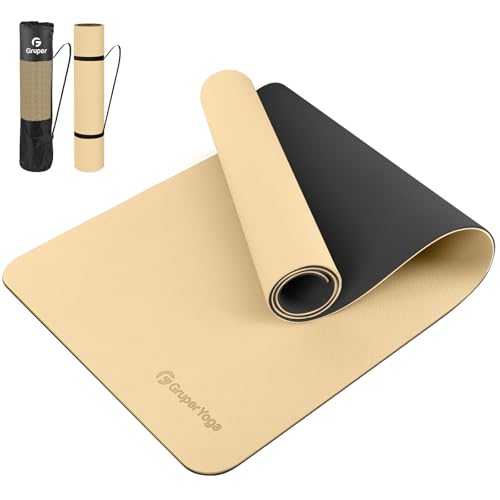 Gruper Yoga Mat Non Slip, 72"L x 24"W x 0.24"/0.32"TH, Anti-Tear Exercise Mat with Carrying Strap and Bag, Pro TPE Yoga Mats for Women, Workout Mats for Home, Pilates and Floor Exercises - color: Beige & Black