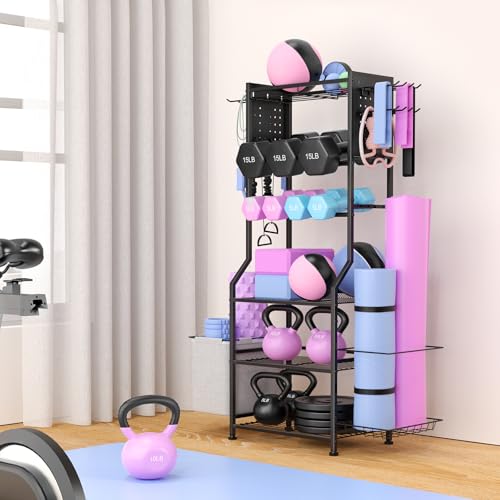 Dumbbell Rack, Home Gym Storage for Kettlebells, Yoga Mat & Strength Training Equipment, Weight Rack With Peg Board Organizer, Workout Gym Equipment Storage - color: Black