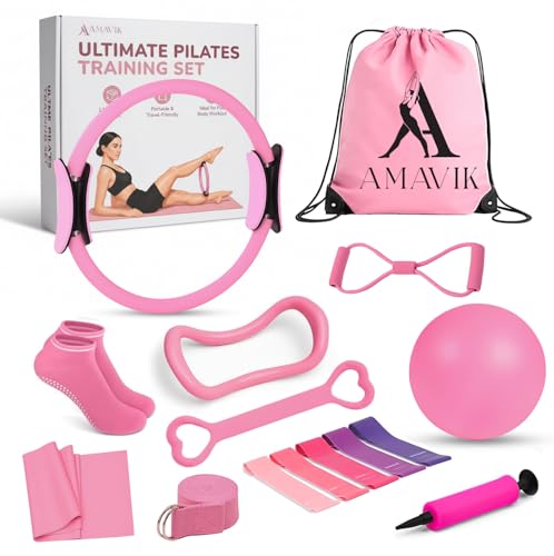 AMAVIK Pilates Kit 15-Pieces Home Workout Set with 5 Resistance Bands, Pilates Ring and Ball Set with Accessories-A Complete Pilates Set for Women to Improve Strength, Flexibility and Balance Body - color: Pink