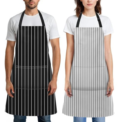 Apron with Pockets, 32x28 inch, 2 Pack, Striped | Black Grey Stripes Adjustable Bib with Pockets for Women Men Couple Lovers Chef Home Baking Gardening - color: Black Grey Stripes