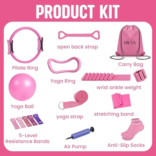 Pilates Kit for Women – 16 Pcs Home Pilates Equipment Set with Magic Circle Ring, Ball, 5 Resistance Bands, Yoga Strap, Ankle Weights, Grip Socks & More | Pilates Starter Kit - color: Pink