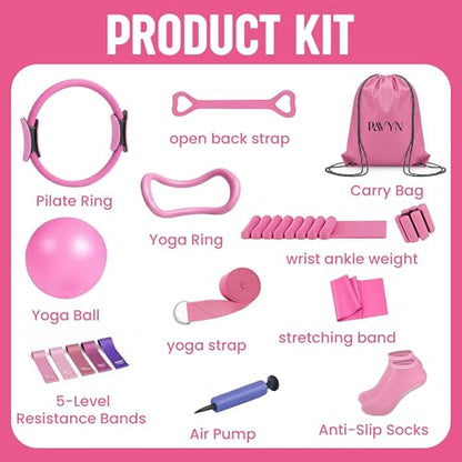 Pilates Kit for Women – 16 Pcs Home Pilates Equipment Set with Magic Circle Ring, Ball, 5 Resistance Bands, Yoga Strap, Ankle Weights, Grip Socks & More | Pilates Starter Kit - color: Pink