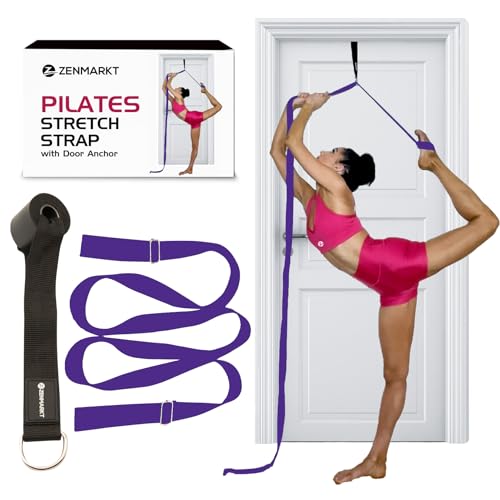 Pilates Stretching Strap with Door Anchor for Flexibility Training | Improve Leg Flexibility, Core Stability and Posture Alignment - Ideal for Pilates, Stretching, Mobility and Home Workouts - color: Purple