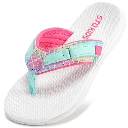 Kids Flip Flops Boys Sandals Girls Summer Beach Bathroom Outdoor & Intdoor - color: White Teal, size: 5 Big Kid