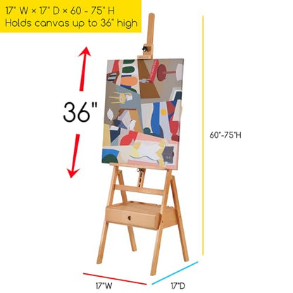 MEEDEN Forward Tilt Studio H-Frame Easel with Art Supply Storage Drawer - Adjustable (58"~75") Solid Beech Wood Easel Stand for Artists, Students and Beginners, Holds Canvas Art up to 37" - color: Natural