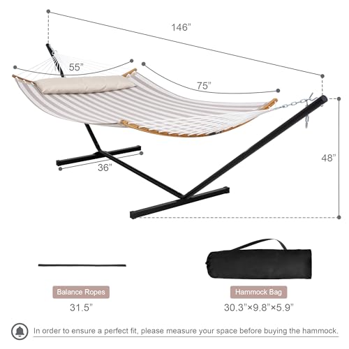 Double Hammock with Stand and Carrying Bag, Light Brown Stripe | Quick Dry Hammock with Curved Spreader Bars and Pillow, 450 Lbs Capacity, For Indoors, Patio, Garden - color: Zquick Dry-light Brown Stripe