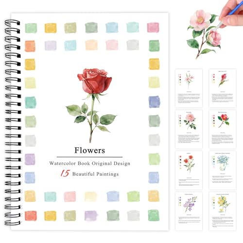 SLWBZ Watercolor Workbook Flowers, 15 Different Patterns of Original DIY Designs, 16 Color Watercolor Paint Plates with Palette and Brush, Beginner-Friendly Watercolor Workbooks, Flowers - color: Rose, size: With paint