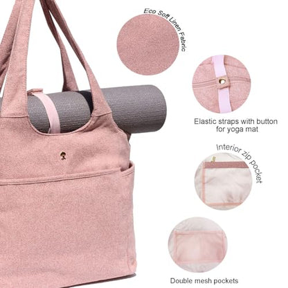 ESVAN Yoga Tote Bag Mat bag Women Shoulder Bags Carryall Tote for Travel Office Workout Gym Nurse Beach - color: Linen Pink