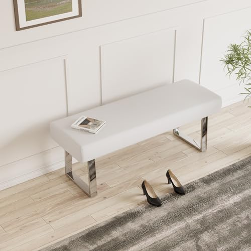 JIEXI 45.3" Upholstered PU Leather Bedroom Bench Footstool with Metal Legs | Sturdy Silver Plated Chrome Legs, Padded Seat, Space Saver, for Bedroom Entryway Living Room Window - color: White, size: 45 IN
