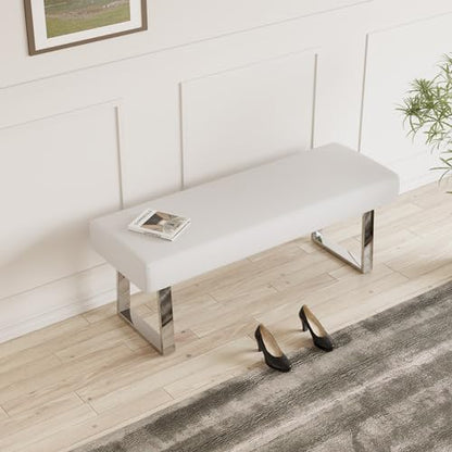 JIEXI 45.3" Upholstered PU Leather Bedroom Bench Footstool with Metal Legs - color: White, size: 45 IN