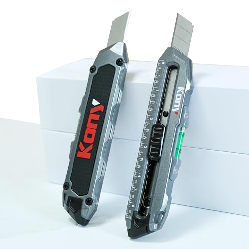 Kony Heavy-Duty Retractable Utility Knife, 18mm Snap-Off Box Cutter | 10 Extra SK5 Blades, Aluminum Body, Ruler & Bubble Level, For Cardboard, Carpet, Crafts & DIY