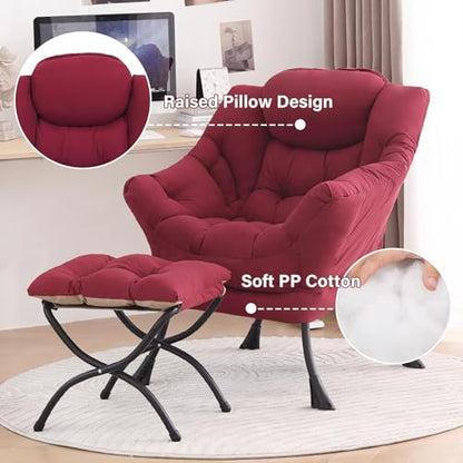 Tiita Lazy Chair with Ottoman, Comfy Reading Accent Chair, Burgundy | Foldable Footrest, Padded Seat and Backrest, Side Pocket for Lounging in Living Rooms, Bedrooms, Dorms and Small Spaces - color: Burgundy