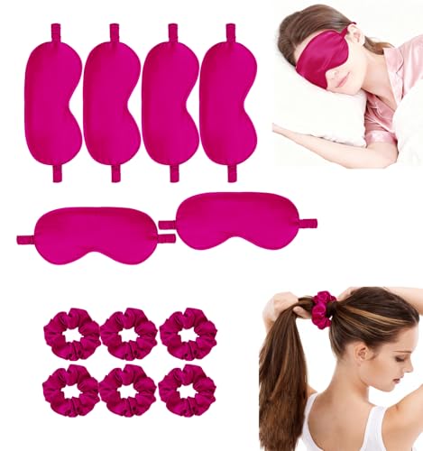 12Pcs Silk Sleep Masks Satin Eye Mask Silky Eyes Cover Blindfold Eyeshade Hair Ties Scrunchy Travel Bridesmaids Gifts - color: Hot Pink
