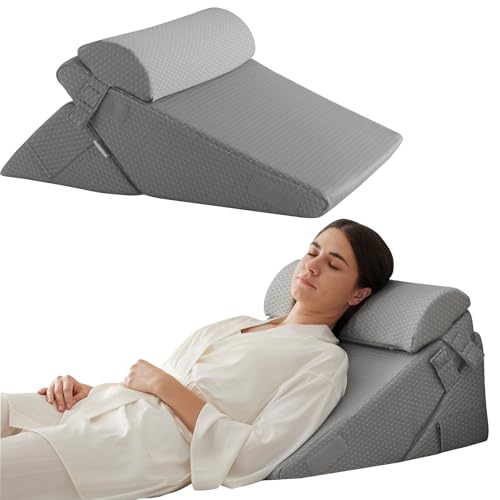 Bedluxe 3피스 정형외과 침대 웨지 베개 세트, 등, 다리 및 무릎 지지를 위한 폼 웨지 베개 수술 후 수술, 조절 가능한 22.9cm(9&12인치) 접이식 삼각형 베개, 수면, 위산 역류, 코골이용, 그레이 - color: 회색., size: Adjustable 9&12 Inch + 1 Head Pillow