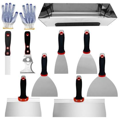 Drywall Knife Set, 10 Pcs Hand Tools Kit | Putty Knives Tapping Knife Multi-purpose Paint Scraper with Mud Pan Gloves for Drywall Work - color: Black - B Set