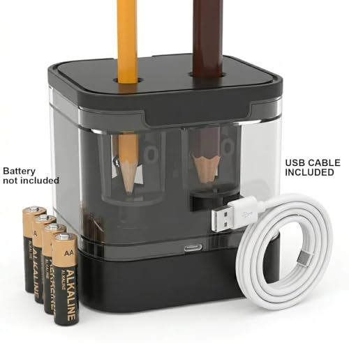 Dual Power Electric Pencil Sharpener, Dual Hole for Standard &Jumbo Pencils | Portable Sharpener with Auto-Stop Safety for Kids, Students, Artists, Office & School, Battery(NOT included) or USB Operated