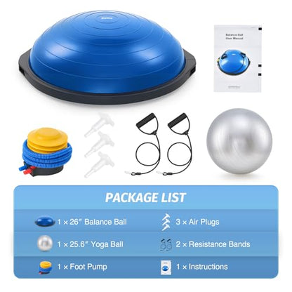 ZELUS 25in. Balance Ball | 660lb Inflatable Half Exercise Ball Wobble Board Balance Trainer w Nonslip Base | Half Yoga Ball Strength Training Equipment w 2 Bands, Pump, Extra Ball Included - color: Blue