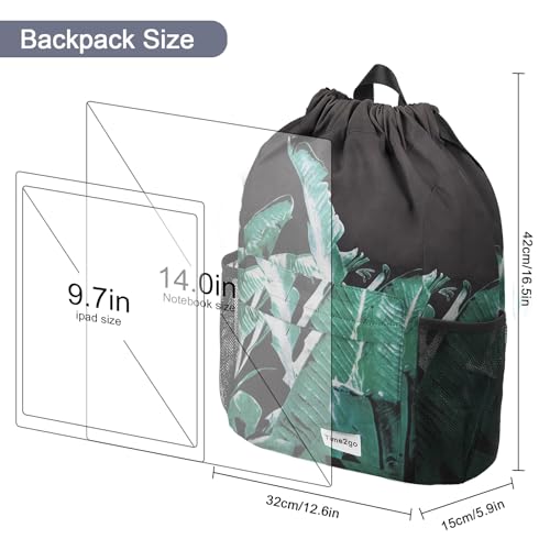 Waterproof Drawstring Backpack Sports Gym Sackpack with Mesh Pockets Water-Resistant String Cinch Beach Bag for Men Women - color: Print - Black Leaves