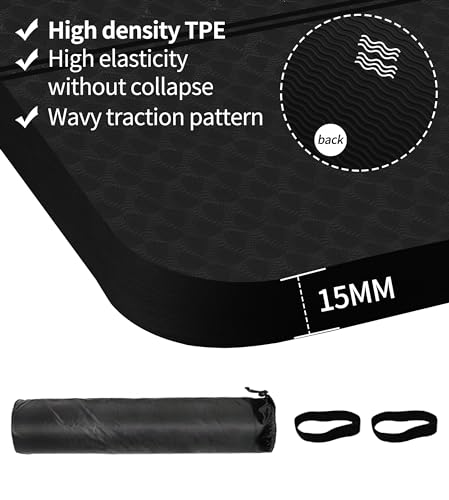 nuveti Large Exercise Mat - 15mm/20mm/30mm Thick Yoga Mat | Workout Mat for Fitness, Yoga, Pilates, Stretching & Floor Exercises for Women & Men with Free Carrying Bag - color: Black, size: 183X80X15MM