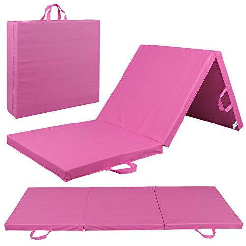 6' x 2' Tri-Fold Portable Folding Exercise Gym Mat Extra Thick Foam Gymnastics Mat Aerobics Yoga Martial Arts MMA Stretching Core Workouts w/Carrying Handle - color: Pink