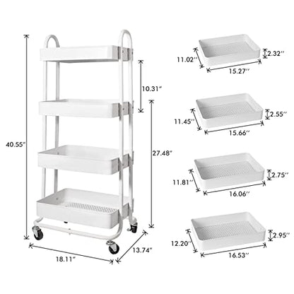 elabo 4-Tier Rolling Cart with Wheels, Metal Storage Services Cart, White - color: White