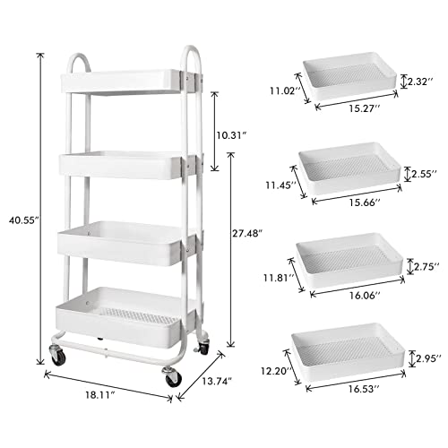 elabo 4-Tier Rolling Cart with Wheels, Metal Storage Services Cart, White - color: White