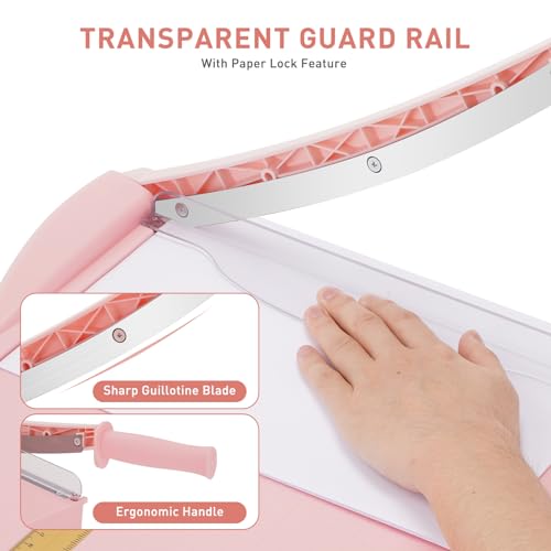 Paper Cutter, Paper Slicer with Safety Guard and Blade Lock, 12" Cut Length Guillotine Paper Cutter with 16 Sheet Capacity, Paper Cutters and Trimmers for Cardstock Cardboard (Pink) - color: Pink