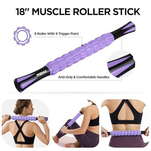 Muscle Roller & Massage Roller Stick for Athletes - Lymphatic Drainage Support, Relieves Muscle Soreness, Cramping & Tightness - Targets Legs, Arms, Back & Calves （Purple Wheel） - color: Purple