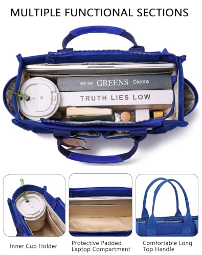 ZHMO Canvas Tote Bag for Women,Women's Bags Crossbody Bags Work Laptop Tote Bag Large Handbags Purse for Travel Nurse Teacher - color: New Upgrade Navy Blue With Compartments and Side Cup Holders
