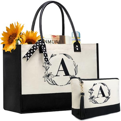 BeeGreen Embroidery Monogram Initial Tote Bag for Women Teacher Mom Friend Personalized Gift for Birthday Beach Work Wedding - color: White Lily, style: A
