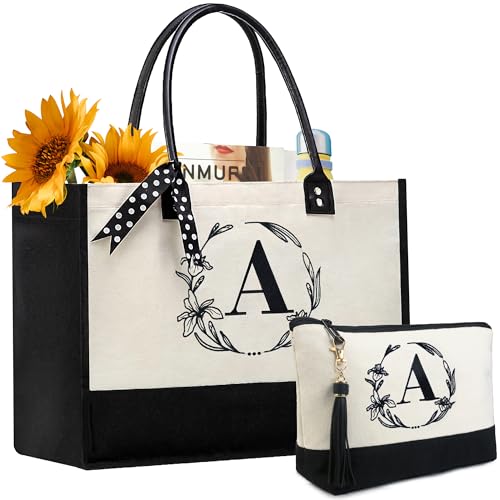 BeeGreen Embroidery Monogram Initial Tote Bag for Women Teacher Mom Friend Personalized Gift for Birthday Beach Work Wedding - color: White Lily, style: A