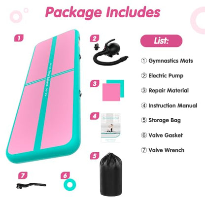 FINCOME Inflatable Gymnastics Air Mat Tumble Track Mats for Home with Pump - color: Green Pink, size: 13ft*3.3ft*4inches(4m*1m*0.1m)