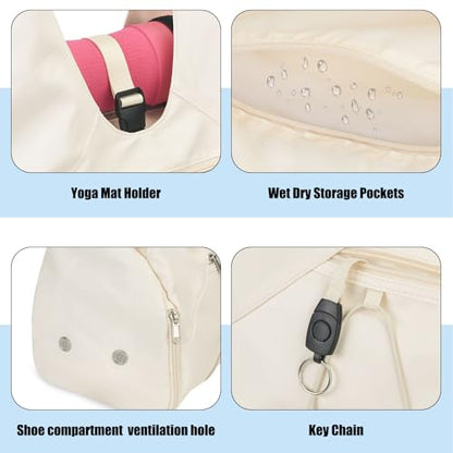 Forestfish Gym Bag For Women With Yoga Mat Holder, Beige | Shoe Compartment, Wet Dry Storage Pocket, Removable Shoulder Strap, Lightweight & Water Resistant - color: Beige