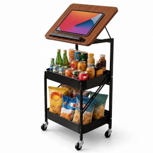 Dracey 3 Tiers Utility Rolling Cart with Lockable Caster Wheels, Metal Tiltable Wood Top Desk, Multifunctional Rolling Storage Cart for Bathroom, for Office Dorm Kitchen Living Room Classroom