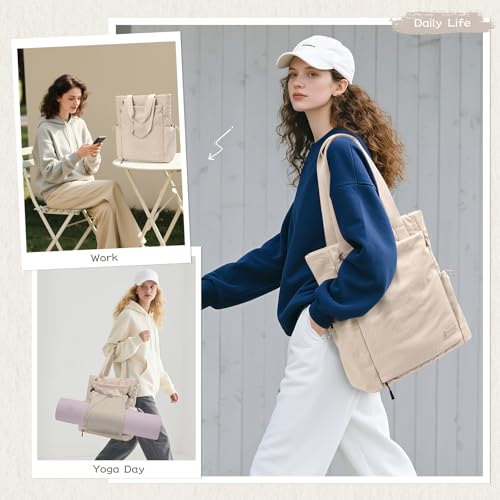 GOLF SUPAGS 3-in-1 Laptop Tote Backpack for Women 15.6" Quilted Work Gym Bag with Hidden Yoga Mat Carrier for Travel Leisure (Apricot) - color: Apricot