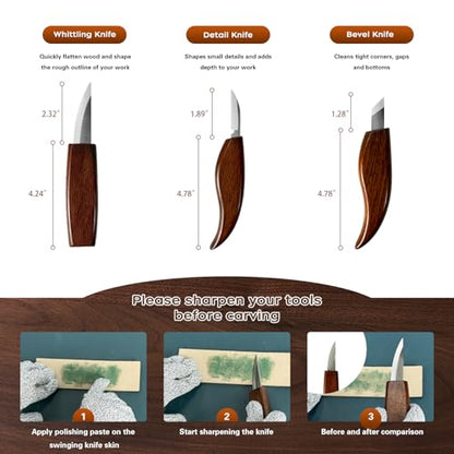 ZIHVIZU Woodcarving Tool Set,Including Whittling Knives, Practice Wood Blocks, Safety Gloves and a Sharpener. The Knives are Sharp and Durable,Specially Designed for DIY woodcarving Beginners