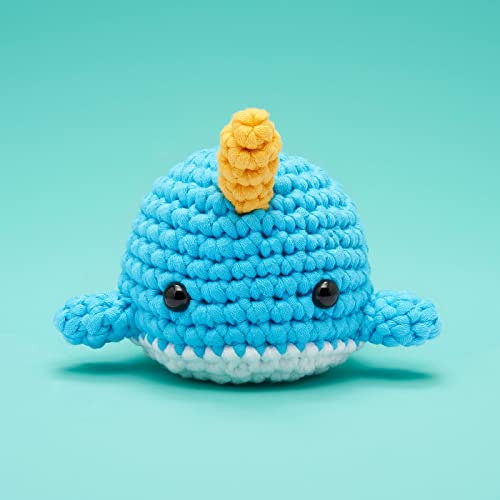 The Woobles Crochet Kit for Beginners (Bjørn the Narwhal) | As seen on Shark Tank, Kit includes: Easy Peasy Yarn, pre-started piece, hook, safety eyes, stuffing, video tutorials - color: Blue