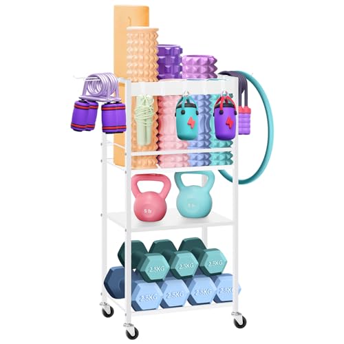 Home Gym Storage Rack, Heavy Duty Yoga Mat Holder Workout Equipment Storage Organizer Weight Rack with Hooks & Wheels for Dumbbells Kettlebells Dumbbell Yoga Block Foam Rollers Yoga Strap Resistance Bands, Fitness Exercise Equipment - color: White