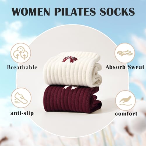 Women's Pilates Grip Socks, Ruffle Non Slip Bow Pattern Yoga Socks | Grippy, Frilly Trim, Embroidery, Crew Length, Soft Cotton, Arch Support, for Barre Ballet Dance Workout Hospital Home Gifts - color: C06-red (White Bow)*2
