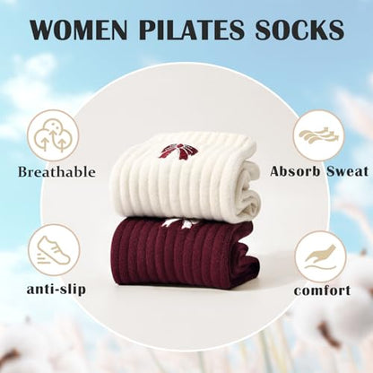 Women's Pilates Grip Socks, Ruffle Non Slip Bow Pattern Yoga Socks | Grippy, Frilly Trim, Embroidery, Crew Length, Soft Cotton, Arch Support, for Barre Ballet Dance Workout Hospital Home Gifts - color: C06-red (White Bow)*2