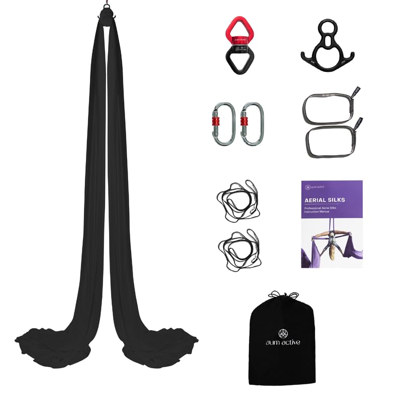 Aerial Silks Yoga Hammock Kit, 11 Yards, Hardware and Swivel | Knitted fabric with swivel and guide, portable carry bag included, for aerial yoga, gymnastics and home gym practice - color: Black
