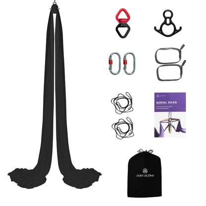 Aerial Silks Yoga Hammock Kit, 11 Yards, Hardware and Swivel - color: Black