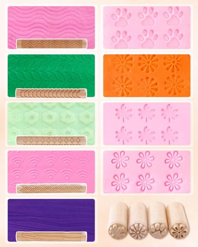 6" Wooden Clay Texture Roller Set with Stamp Rollers & Rib Tools, 11PCS | Crafted From Premium Beech Wood For Polymer Clay, Pottery, Ceramic Crafts With Deep Geometric & Floral Patterns - size: 5+4+2
