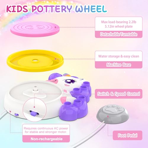 Pottery Wheel for Kids, Unicom Craft Kit Arts and Crafts for Kid Ages 6-12 | Complete Pottery Painting Kit with Clay Art Supplies Kids Toys Girls Birthday Chnistmas Git for 6 7 8 9 10 11 12+ Years Old - color: purple