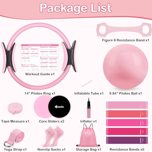 Hoedia Pilates Kit for Women, Pilates Equipment Ring and Ball Set | Pilates ring, Pilates ball Resistance Bands, Yoga Strap, Core Sliders, Socks for Starter Home Workout Fitness Gym Essentials - color: Pink