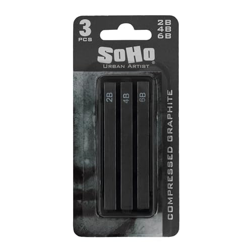 Soho Urban Artist Compressed Graphite Sticks 2B, 4B, 6B, Pack of 3 - Premium Graphite Sticks for Drawing, Sketching - color: Assorted