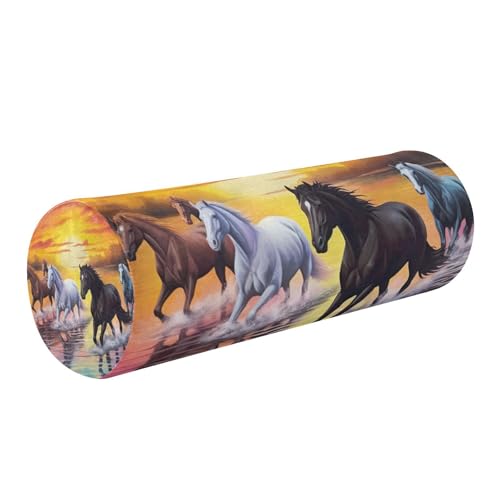 Running Horse Neck Roll Pillow - Extra Dense Memory Foam Round Cylinder Bolster for Cervical Support, Spondylosis, Neck Pain Relief - color: Running Horse