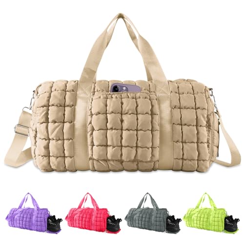 Quilted Travel Duffle Bag Gym Bag for Women,Large Puffer Duffle Weekender Bag with Compartment,Workout Overnight Carry on Organizer Bag Duffle Bag for Airplane Travel(Khaki) - color: Khaki, size: Medium